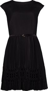 Women's Terna Pleated Hem Dress, Black - length: mid thigh; sleeve style: capped; pattern: plain; style: full skirt; waist detail: belted waist/tie at waist/drawstring; predominant colour: black; occasions: evening, occasion; fit: fitted at waist & bust; fibres: polyester/polyamide - 100%; neckline: crew; hip detail: structured pleats at hip; sleeve length: short sleeve; texture group: sheer fabrics/chiffon/organza etc.; bust detail: tiers/frills/bulky drapes/pleats; pattern type: fabric; pattern size: standard
