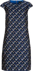 Women's Geanna Geometric Dress, Purple - style: shift; sleeve style: capped; fit: tailored/fitted; predominant colour: indigo; occasions: casual, evening, occasion; length: just above the knee; fibres: polyester/polyamide - stretch; neckline: crew; sleeve length: short sleeve; trends: modern geometrics; pattern type: fabric; pattern size: standard; pattern: patterned/print; texture group: other - light to midweight