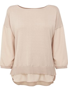 Women's Mixed Fabric Sweater, Cream - neckline: slash/boat neckline; pattern: plain; style: standard; predominant colour: stone; occasions: casual, evening, work; length: standard; fibres: polyester/polyamide - 100%; fit: slim fit; sleeve length: 3/4 length; sleeve style: standard; texture group: knits/crochet; pattern type: knitted - fine stitch; pattern size: standard
