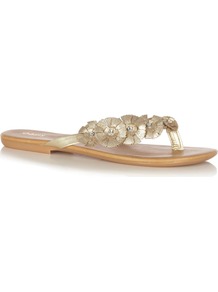 Diamante Flower Toepost Sandals, Gold - predominant colour: gold; occasions: casual, holiday; material: faux leather; heel height: flat; embellishment: crystals; heel: standard; toe: toe thongs; style: flip flops / toe post; trends: metallics; finish: metallic; pattern: plain