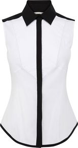 Women's Colurblock Cotton Shirt, White - neckline: shirt collar/peter pan/zip with opening; pattern: plain; sleeve style: sleeveless; style: shirt; bust detail: ruching/gathering/draping/layers/pintuck pleats at bust; predominant colour: white; occasions: casual, evening, work, holiday; length: standard; fibres: cotton - mix; fit: body skimming; sleeve length: sleeveless; texture group: cotton feel fabrics; pattern type: fabric; pattern size: standard