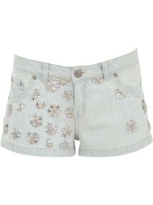 Pale Blue Flower Bead Embellished Denim Shorts - pattern: plain; style: shorts; pocket detail: traditional 5 pocket; length: short shorts; waist: mid/regular rise; predominant colour: pale blue; occasions: casual, evening, holiday; fibres: cotton - stretch; jeans & bottoms detail: turn ups; texture group: denim; fit: slim leg; pattern type: fabric; pattern size: standard; embellishment: beading
