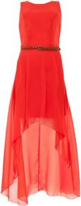 Orange Belted Dip Hem Dress - neckline: round neck; fit: fitted at waist; pattern: plain; sleeve style: sleeveless; style: blouson; waist detail: belted waist/tie at waist/drawstring; predominant colour: bright orange; occasions: evening, occasion; length: just above the knee; fibres: polyester/polyamide - stretch; back detail: longer hem at back than at front; sleeve length: sleeveless; texture group: sheer fabrics/chiffon/organza etc.; trends: fluorescent; pattern type: fabric; pattern size: standard