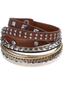 Brown And Silver Mixed Stud Bangle Stack - predominant colour: chocolate brown; occasions: casual, holiday; style: bangle; size: large/oversized; material: leather; finish: plain; embellishment: studs