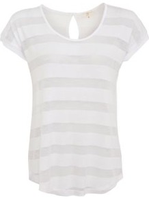 White Mesh Stripe Keyhole T Shirt - neckline: round neck; sleeve style: capped; pattern: horizontal stripes; style: t-shirt; predominant colour: white; occasions: casual; length: standard; fibres: viscose/rayon - stretch; fit: straight cut; back detail: keyhole/peephole detail at back; sleeve length: short sleeve; pattern type: fabric; pattern size: standard; texture group: jersey - stretchy/drapey