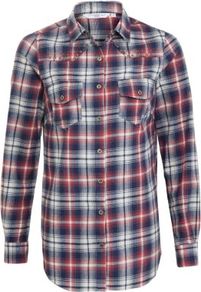 Blue Red And White Check Shirt - neckline: shirt collar/peter pan/zip with opening; pattern: checked/gingham; length: below the bottom; style: shirt; occasions: casual; fibres: cotton - mix; fit: straight cut; predominant colour: multicoloured; sleeve length: long sleeve; sleeve style: standard; texture group: cotton feel fabrics; pattern type: fabric; pattern size: big & busy