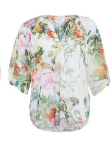 White Floral Granddad Collar Shell Top - neckline: mandarin; style: blouse; predominant colour: white; occasions: casual, holiday; length: standard; fibres: polyester/polyamide - 100%; fit: loose; sleeve length: half sleeve; sleeve style: standard; texture group: cotton feel fabrics; pattern type: fabric; pattern size: small & busy; pattern: florals
