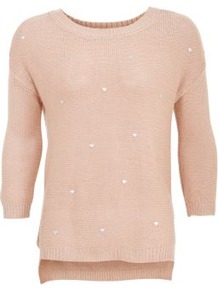 Candy Pink Heart Stud 3/4 Sleeve Jumper - neckline: round neck; pattern: plain; style: standard; predominant colour: blush; occasions: casual, work; length: standard; fibres: acrylic - 100%; fit: standard fit; back detail: longer hem at back than at front; sleeve length: 3/4 length; sleeve style: standard; texture group: knits/crochet; pattern type: knitted - other; pattern size: standard; embellishment: beading