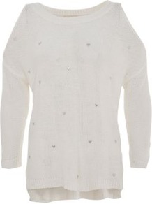 White Heart Stud Cold Shoulder Jumper - neckline: slash/boat neckline; pattern: plain; length: below the bottom; style: standard; predominant colour: ivory; occasions: casual; fibres: acrylic - 100%; fit: loose; back detail: longer hem at back than at front; sleeve length: 3/4 length; sleeve style: standard; texture group: knits/crochet; pattern type: knitted - fine stitch; pattern size: small & light; embellishment: studs