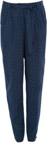 Navy Retro Print Tapered Trousers - length: standard; pattern: plain; style: harem/slouch; waist detail: belted waist/tie at waist/drawstring; waist: mid/regular rise; predominant colour: navy; occasions: casual, evening, work, holiday; fibres: cotton - 100%; texture group: silky - light; fit: tapered; pattern type: fabric; pattern size: small & light