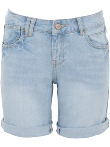 Light Blue Turn Up Boyfriend Denim Shorts - pattern: plain; style: shorts; pocket detail: traditional 5 pocket; length: mid thigh shorts; waist: mid/regular rise; predominant colour: pale blue; occasions: casual, holiday; fibres: cotton - 100%; waist detail: narrow waistband; jeans & bottoms detail: turn ups; texture group: denim; fit: slim leg; pattern type: fabric; pattern size: standard