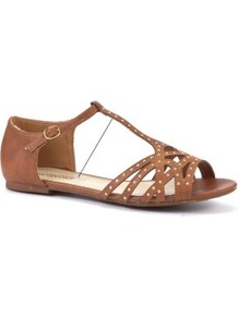 Tan Stud Cage Sandals - predominant colour: tan; occasions: casual, holiday; material: faux leather; heel height: flat; embellishment: studs; ankle detail: ankle strap; heel: standard; toe: open toe/peeptoe; style: strappy; finish: plain; pattern: plain