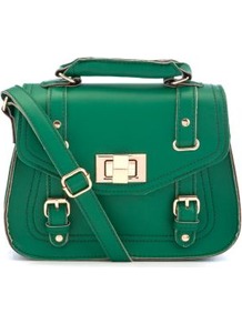 Green Leather Look Mini Satchel - predominant colour: emerald green; occasions: casual, work; type of pattern: light; style: satchel; length: across body/long; size: small; material: leather; pattern: plain; finish: plain; embellishment: buckles