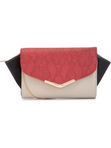 Coral Colour Block Winged Clutch - predominant colour: coral; occasions: evening, occasion, holiday; type of pattern: light; style: clutch; length: hand carry; size: small; material: faux leather; finish: plain; pattern: colourblock