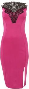 Pink And Black Crochet Front Bodycon Dress - neckline: slash/boat neckline; pattern: plain; sleeve style: sleeveless; style: bodycon; waist detail: fitted waist; back detail: low cut/open back; shoulder detail: contrast pattern/fabric at shoulder; predominant colour: pink; occasions: evening, occasion; length: just above the knee; fit: body skimming; fibres: polyester/polyamide - 100%; bust detail: contrast pattern/fabric/detail at bust; sleeve length: sleeveless; texture group: jersey - clingy; pattern type: fabric; pattern size: standard; embellishment: applique