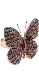Multicoloured Diamante Encrusted Butterfly Ring - predominant colour: gold; secondary colour: gold; occasions: evening, occasion, holiday; style: cocktail; size: large/oversized; material: chain/metal; finish: metallic; embellishment: jewels