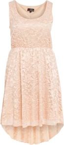 Pink Lace Dip Hem Dress - fit: fitted at waist; pattern: plain; sleeve style: sleeveless; style: prom dress; predominant colour: blush; occasions: casual, evening; length: just above the knee; neckline: scoop; fibres: polyester/polyamide - stretch; back detail: longer hem at back than at front; sleeve length: sleeveless; texture group: lace; pattern type: fabric; pattern size: standard