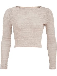 Cream Stripe Pointelle Knit Crop Jumper - neckline: round neck; pattern: striped; length: cropped; style: standard; predominant colour: stone; occasions: casual; fibres: acrylic - 100%; fit: slim fit; sleeve length: long sleeve; sleeve style: standard; texture group: knits/crochet; pattern type: knitted - other; pattern size: standard