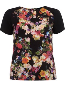 Floral Panel Tee - style: t-shirt; shoulder detail: contrast pattern/fabric at shoulder; back detail: contrast pattern/fabric at back; predominant colour: black; occasions: casual, holiday; length: standard; fibres: polyester/polyamide - 100%; fit: body skimming; neckline: crew; sleeve length: short sleeve; sleeve style: standard; trends: high impact florals; pattern type: fabric; pattern size: big & busy; pattern: florals; texture group: jersey - stretchy/drapey