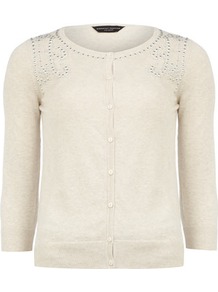 Oat Stud Shoulder Cardigan - neckline: round neck; pattern: plain; predominant colour: stone; occasions: casual, evening, work; length: standard; style: standard; fibres: cotton - 100%; fit: standard fit; shoulder detail: added shoulder detail; sleeve length: 3/4 length; sleeve style: standard; texture group: knits/crochet; pattern type: knitted - other; pattern size: standard; embellishment: studs