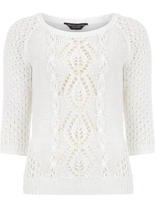 White Open Stitch Cable Jumper - neckline: round neck; style: standard; pattern: cable knit; predominant colour: white; occasions: casual, work; length: standard; fibres: acrylic - 100%; fit: standard fit; sleeve length: 3/4 length; sleeve style: standard; texture group: knits/crochet; pattern type: knitted - other; pattern size: standard