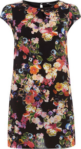 Floral Printed Tunic - style: shift; length: mid thigh; neckline: round neck; sleeve style: capped; occasions: casual, evening, holiday; fit: body skimming; fibres: polyester/polyamide - 100%; back detail: keyhole/peephole detail at back; predominant colour: multicoloured; sleeve length: short sleeve; trends: high impact florals; pattern type: fabric; pattern size: standard; pattern: florals; texture group: jersey - stretchy/drapey