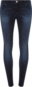 Premium Indigo Stud Superskiny - style: skinny leg; length: standard; pattern: plain; pocket detail: traditional 5 pocket; waist: mid/regular rise; predominant colour: navy; occasions: casual, evening; fibres: cotton - stretch; jeans detail: whiskering, dark wash, washed/faded; texture group: denim; pattern type: fabric; pattern size: standard; embellishment: studs