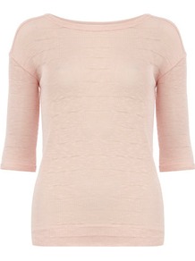 Nude Stripe Jersey Knit - neckline: round neck; pattern: plain; predominant colour: blush; occasions: casual, work; length: standard; style: top; fibres: cotton - mix; fit: body skimming; sleeve length: 3/4 length; sleeve style: standard; pattern type: fabric; pattern size: standard; texture group: jersey - stretchy/drapey