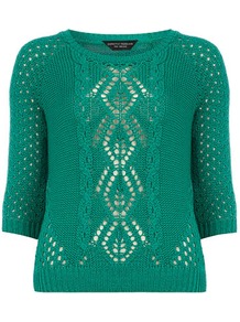 Green Open Stitch Cable Jumper - neckline: round neck; style: standard; pattern: cable knit; predominant colour: emerald green; occasions: casual, work; length: standard; fibres: acrylic - 100%; fit: standard fit; sleeve length: 3/4 length; sleeve style: standard; texture group: knits/crochet; pattern type: knitted - other; pattern size: standard