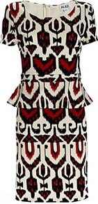 Sovereign Ponte Dress - style: shift; neckline: round neck; fit: tailored/fitted; waist detail: peplum waist detail; predominant colour: black; occasions: casual, evening, occasion; length: on the knee; sleeve length: short sleeve; sleeve style: standard; trends: statement prints; pattern type: fabric; pattern size: standard; pattern: patterned/print; texture group: jersey - stretchy/drapey; fibres: viscose/rayon - mix