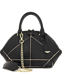 Fia Panel Detail Zip Around Bag - predominant colour: black; occasions: casual, work; type of pattern: standard; style: structured bag; length: handle; size: standard; material: leather; pattern: plain; finish: patent; embellishment: chain/metal