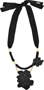 Lila Leather Flower Necklace - predominant colour: black; occasions: evening, occasion; style: standard; length: short; size: large/oversized; material: chain/metal; finish: plain; embellishment: ribbon