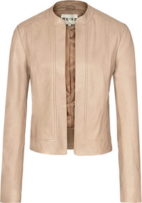 Bryony Cropped Leather Jacket - pattern: plain; style: single breasted blazer; collar: round collar/collarless; fit: slim fit; predominant colour: blush; occasions: casual, evening; length: standard; fibres: leather - 100%; sleeve length: long sleeve; sleeve style: standard; texture group: leather; collar break: high; pattern type: fabric; pattern size: standard