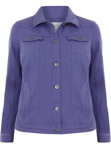 Purple Denim Jacket - pattern: plain; style: denim; fit: slim fit; predominant colour: indigo; occasions: casual; length: standard; fibres: cotton - 100%; collar: shirt collar/peter pan/zip with opening; sleeve length: long sleeve; sleeve style: standard; texture group: denim; collar break: high; pattern type: fabric; pattern size: standard
