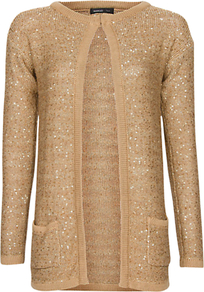 Sequinned Long Cardigan - neckline: round neck; pattern: plain; length: below the bottom; predominant colour: gold; occasions: evening, occasion; style: standard; fibres: polyester/polyamide - mix; fit: standard fit; sleeve length: long sleeve; sleeve style: standard; texture group: knits/crochet; pattern type: knitted - other; pattern size: standard; embellishment: sequins