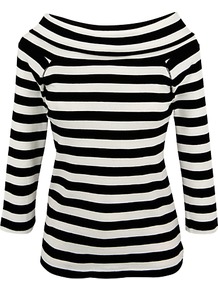 Foldover T Shirt - neckline: slash/boat neckline; pattern: horizontal stripes; predominant colour: black; occasions: casual, work; length: standard; style: top; fibres: cotton - 100%; fit: body skimming; sleeve length: 3/4 length; sleeve style: standard; texture group: jersey - clingy; trends: striking stripes; pattern type: fabric; pattern size: standard