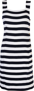 Square Stripe Neck Dress - style: shift; neckline: high square neck; pattern: horizontal stripes; sleeve style: sleeveless; waist detail: fitted waist; predominant colour: black; occasions: casual, evening, work, holiday; length: just above the knee; fit: body skimming; fibres: polyester/polyamide - 100%; sleeve length: sleeveless; trends: striking stripes, glamorous day shifts; pattern type: fabric; pattern size: big & busy; texture group: jersey - stretchy/drapey