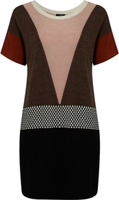 Julia Dress - style: shift; length: mid thigh; neckline: round neck; fit: tailored/fitted; shoulder detail: contrast pattern/fabric at shoulder; back detail: contrast pattern/fabric at back; predominant colour: chocolate brown; occasions: evening, work, occasion; fibres: silk - mix; hip detail: contrast fabric/print detail at hip; bust detail: contrast pattern/fabric/detail at bust; sleeve length: short sleeve; sleeve style: standard; trends: modern geometrics; pattern type: fabric; pattern size: big & light; pattern: patterned/print; texture group: jersey - stretchy/drapey
