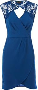 Lace Shoulder Wrap Dress, Bright Blue - style: faux wrap/wrap; length: mid thigh; neckline: v-neck; pattern: plain; sleeve style: sleeveless; waist detail: fitted waist; back detail: low cut/open back; shoulder detail: contrast pattern/fabric at shoulder; predominant colour: teal; occasions: evening, occasion; fit: body skimming; fibres: polyester/polyamide - 100%; sleeve length: sleeveless; texture group: lace; pattern type: fabric; pattern size: standard