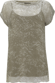 Ella Beaded Top - neckline: slash/boat neckline; predominant colour: champagne; occasions: casual, evening, holiday; length: standard; style: top; fibres: polyester/polyamide - 100%; fit: body skimming; sleeve length: short sleeve; sleeve style: standard; texture group: sheer fabrics/chiffon/organza etc.; pattern type: fabric; pattern size: small & light; embellishment: beading