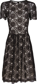 Black Guipure Dress - neckline: round neck; waist detail: fitted waist; predominant colour: black; occasions: evening, occasion; length: just above the knee; fit: fitted at waist & bust; style: fit & flare; fibres: cotton - mix; hip detail: soft pleats at hip/draping at hip/flared at hip; sleeve length: short sleeve; sleeve style: standard; texture group: lace; trends: volume; pattern type: fabric; pattern size: standard; pattern: patterned/print