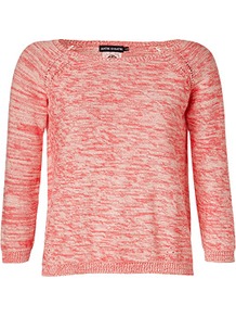 Coral Multi Cotton Pullover - neckline: slash/boat neckline; pattern: plain; style: standard; predominant colour: coral; occasions: casual, work; length: standard; fibres: cotton - 100%; fit: standard fit; sleeve length: 3/4 length; sleeve style: standard; texture group: knits/crochet; pattern type: knitted - fine stitch; pattern size: standard