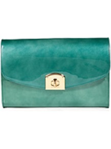 Pearly Turquoise Patent Leather Clutch - predominant colour: emerald green; occasions: evening, occasion; type of pattern: standard; style: clutch; length: hand carry; size: standard; material: leather; pattern: plain; finish: patent; embellishment: corsage