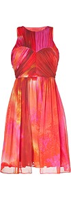 Pink Multi Pleated Silk Chiffon Dress - sleeve style: sleeveless; waist detail: fitted waist; bust detail: ruching/gathering/draping/layers/pintuck pleats at bust; predominant colour: bright orange; occasions: evening, occasion; length: just above the knee; fit: fitted at waist & bust; style: fit & flare; fibres: silk - 100%; neckline: crew; hip detail: soft pleats at hip/draping at hip/flared at hip; sleeve length: sleeveless; texture group: sheer fabrics/chiffon/organza etc.; trends: statement prints; pattern type: fabric; pattern size: standard; pattern: patterned/print