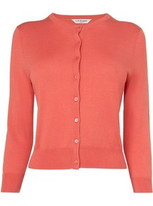 Betty Silk Fitted Caridgan Orange Carnelian - neckline: round neck; predominant colour: coral; occasions: casual, work; length: standard; style: standard; fibres: silk - mix; fit: slim fit; sleeve length: 3/4 length; sleeve style: standard; texture group: knits/crochet; pattern type: knitted - fine stitch; pattern size: standard