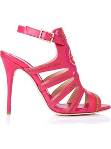 Tacca Embroidered Leather Gladiator Sandal Print Pink - predominant colour: hot pink; occasions: evening, occasion, holiday; material: leather; heel height: high; embellishment: embroidered; ankle detail: ankle strap; heel: stiletto; toe: open toe/peeptoe; style: strappy; finish: plain; pattern: plain