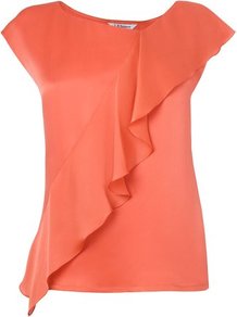 Shania Silk Frill Detail Top Orange Carnelian - neckline: round neck; sleeve style: capped; pattern: plain; predominant colour: bright orange; occasions: casual, evening, work, holiday; length: standard; style: top; fibres: silk - 100%; fit: body skimming; waist detail: ruffles at waist; sleeve length: short sleeve; texture group: silky - light; trends: sculptural frills; bust detail: tiers/frills/bulky drapes/pleats; pattern type: fabric; pattern size: standard
