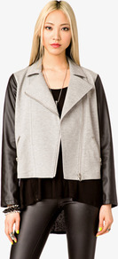Faux Leather Sleeve Moto Jacket - pattern: plain; style: biker; collar: asymmetric biker; shoulder detail: contrast pattern/fabric at shoulder; predominant colour: stone; occasions: casual; length: standard; fit: straight cut (boxy); fibres: cotton - mix; sleeve length: long sleeve; sleeve style: standard; texture group: leather; collar break: medium; pattern type: fabric; pattern size: standard
