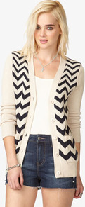 Chevron Knit Cardigan - neckline: low v-neck; predominant colour: ivory; occasions: casual; length: standard; style: standard; fibres: cotton - 100%; fit: standard fit; bust detail: contrast pattern/fabric/detail at bust; sleeve length: long sleeve; sleeve style: standard; texture group: knits/crochet; pattern type: knitted - other; pattern size: big & busy; pattern: patterned/print