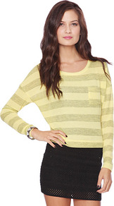 Striped Pocket Top - neckline: round neck; sleeve style: dolman/batwing; pattern: horizontal stripes; style: t-shirt; predominant colour: primrose yellow; occasions: casual; length: standard; fibres: polyester/polyamide - mix; fit: straight cut; sleeve length: long sleeve; pattern type: knitted - fine stitch; pattern size: standard; texture group: jersey - stretchy/drapey